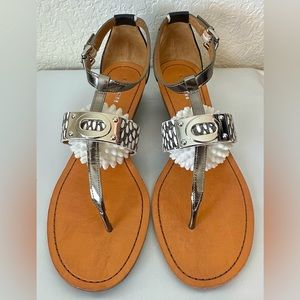 Coach Metallic Snakeskin Platinum Wedge Sandal w/ Buckle, Size 7.5